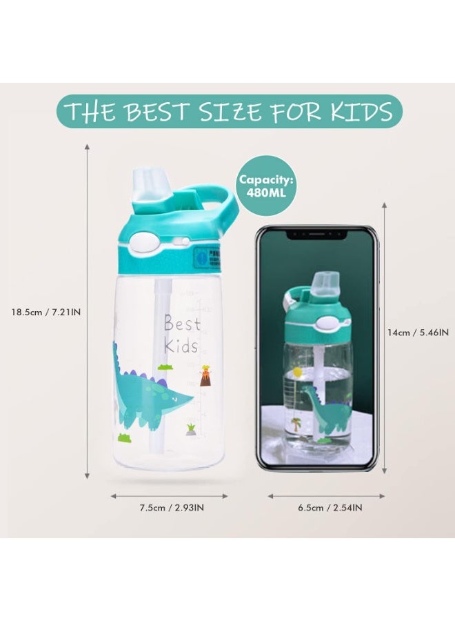 Peachjoy Children's Water Bottle 480ml, Green Dinosaur Cute Toddler With Straw Cup, Anti-Spill Durable Plastic Drinking Water Bottle, Kindergarten Primary School Students Summer Portable Straw Cup - Image 5